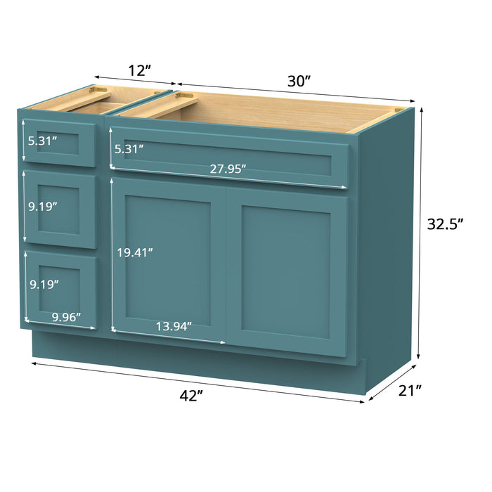 42" Modern Freestanding Oak Plywood Bathroom Vanity Base Only – Shaker Style Storage Cabinet with 3 Drawers & 2 Soft-Closing Doors VA4030-123 - HomeBeyond