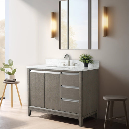 42 inch gray oak single sink vanity with marble countertop and gold sconces in modern bathroom setting