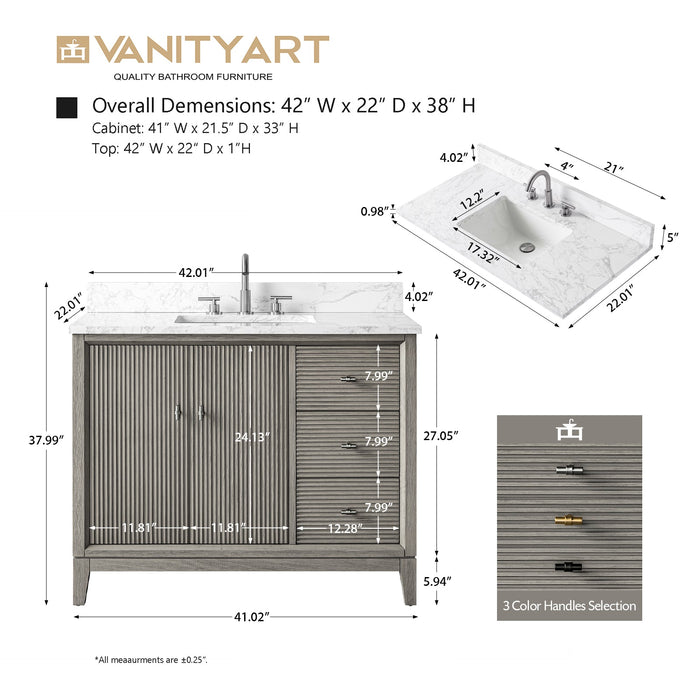 42" Single Sink Freestanding Bath Vanity Cabinet with White Engineered Marble Top - HomeBeyond