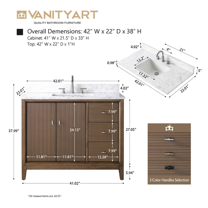42" Single Sink Freestanding Bath Vanity Cabinet with White Engineered Marble Top - HomeBeyond