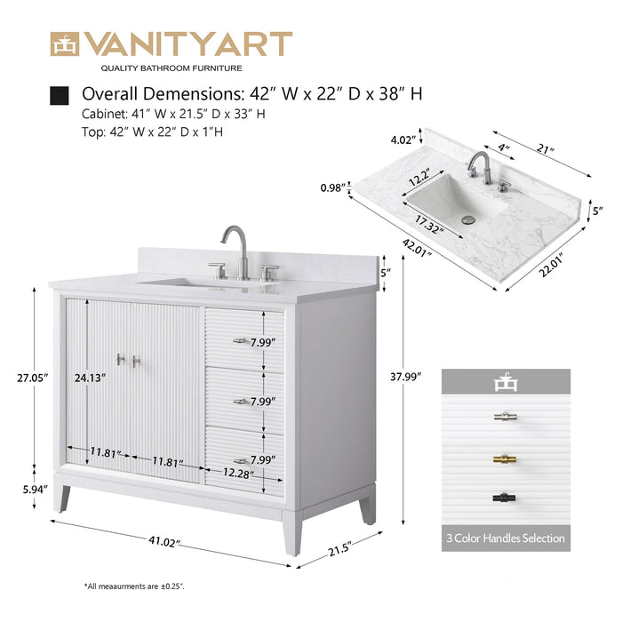 42" Single Sink Freestanding Bath Vanity Cabinet with White Engineered Marble Top - HomeBeyond