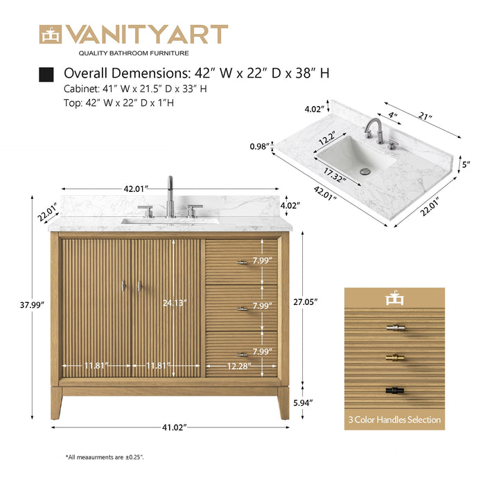 42" Single Sink Freestanding Bath Vanity Cabinet with White Engineered Marble Top - HomeBeyond
