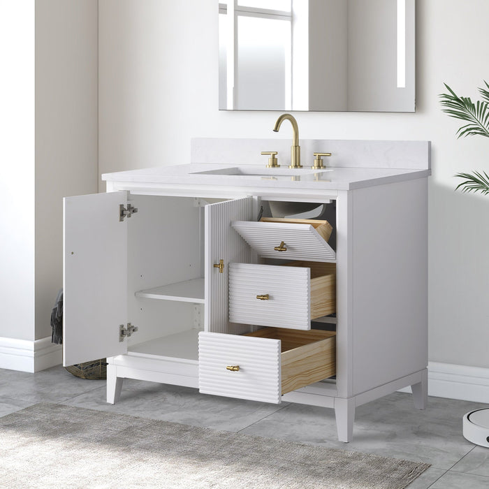 42" Single Sink Freestanding Bath Vanity Cabinet with White Engineered Marble Top - HomeBeyond