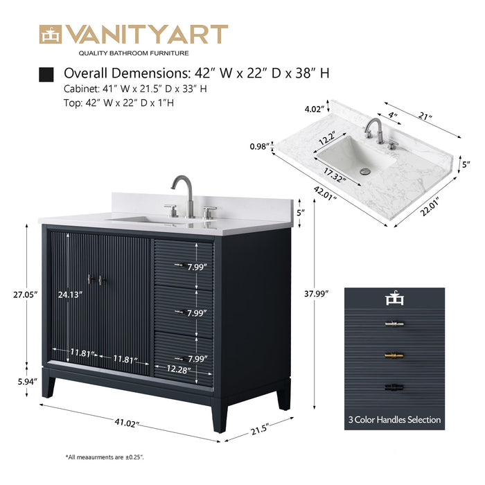 42" Single Sink Freestanding Bath Vanity Cabinet with White Engineered Marble Top - HomeBeyond