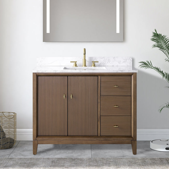 42" Single Sink Freestanding Bath Vanity Cabinet with White Engineered Marble Top - HomeBeyond