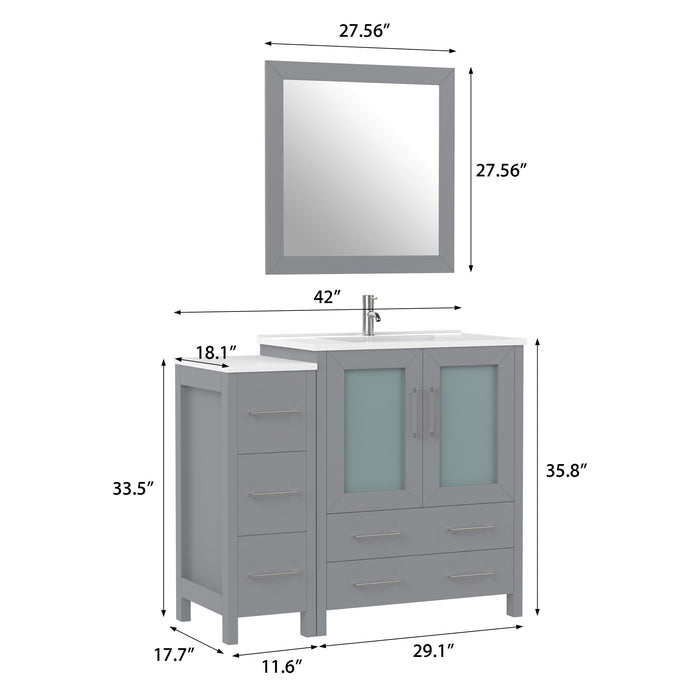 42" Single Sink Modern Bathroom Vanity Set with White Ceramic Top & Free Mirror – Storage Cabinet with 5 Drawers VA3030-42 - HomeBeyond