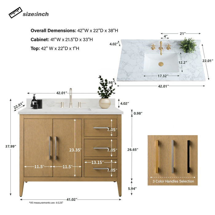 42" Single Sink Modern Freestanding Bathroom Vanity Set with Arabescato White Engineered Marble Top – Storage Cabinet with Soft-Closing Doors & Drawers VA9042 - HomeBeyond