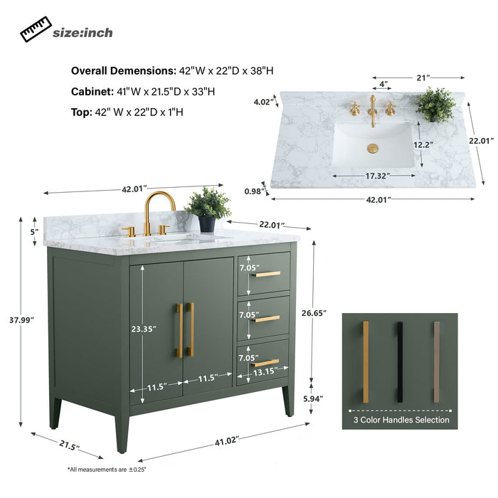 42" Single Sink Modern Freestanding Bathroom Vanity Set with Arabescato White Engineered Marble Top – Storage Cabinet with Soft-Closing Doors & Drawers VA9042 - HomeBeyond