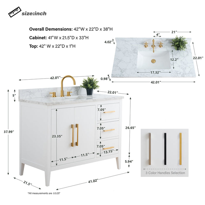 42" Single Sink Modern Freestanding Bathroom Vanity Set with Arabescato White Engineered Marble Top – Storage Cabinet with Soft-Closing Doors & Drawers VA9042 - HomeBeyond