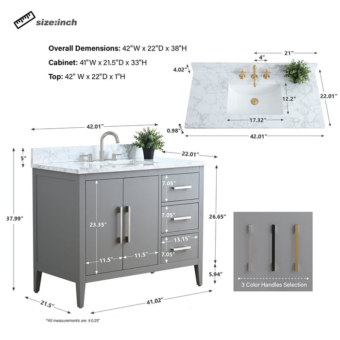 42" Single Sink Modern Freestanding Bathroom Vanity Set with Arabescato White Engineered Marble Top – Storage Cabinet with Soft-Closing Doors & Drawers VA9042 - HomeBeyond