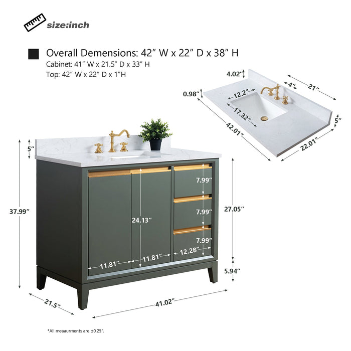42" Single Sink Modern Freestanding Solid Wood Bathroom Vanity Set with Ariston White Engineered Marble Top – Storage Cabinet with Soft-Closing Drawers VA8042 - HomeBeyond