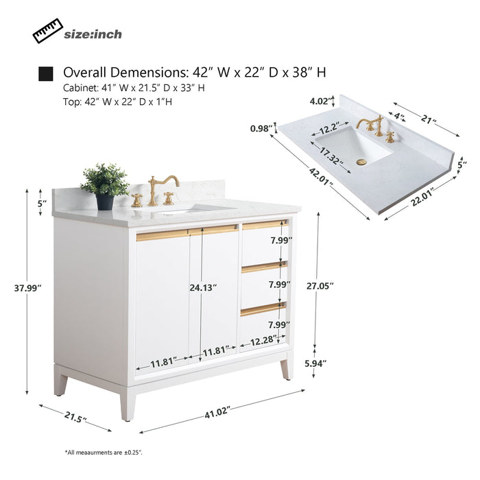 42" Single Sink Modern Freestanding Solid Wood Bathroom Vanity Set with Ariston White Engineered Marble Top – Storage Cabinet with Soft-Closing Drawers VA8042 - HomeBeyond
