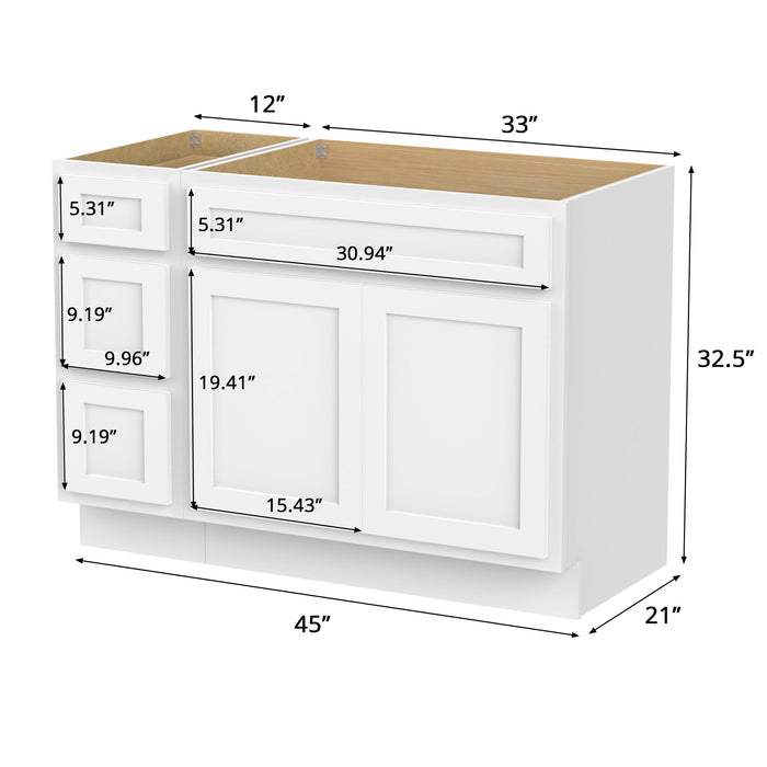 45" Modern Freestanding Oak Plywood Bathroom Vanity Base Only – Shaker Style Storage Cabinet with 3 Drawers & 2 Soft-Closing Doors VA4033-123 - HomeBeyond