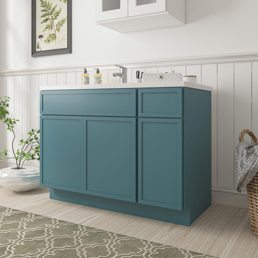 45-inch teal bathroom vanity cabinet angled side view with white countertop and chrome faucet