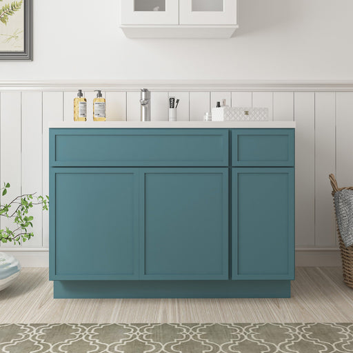 45-inch teal bathroom vanity cabinet front view with white sink top in bright modern bathroom