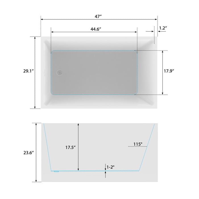 47" x 29" Modern Slipper Freestanding Solid Surface Soaking Bathtub White Small Soaker Tub Slotted Overflow VA6816B-XS - HomeBeyond