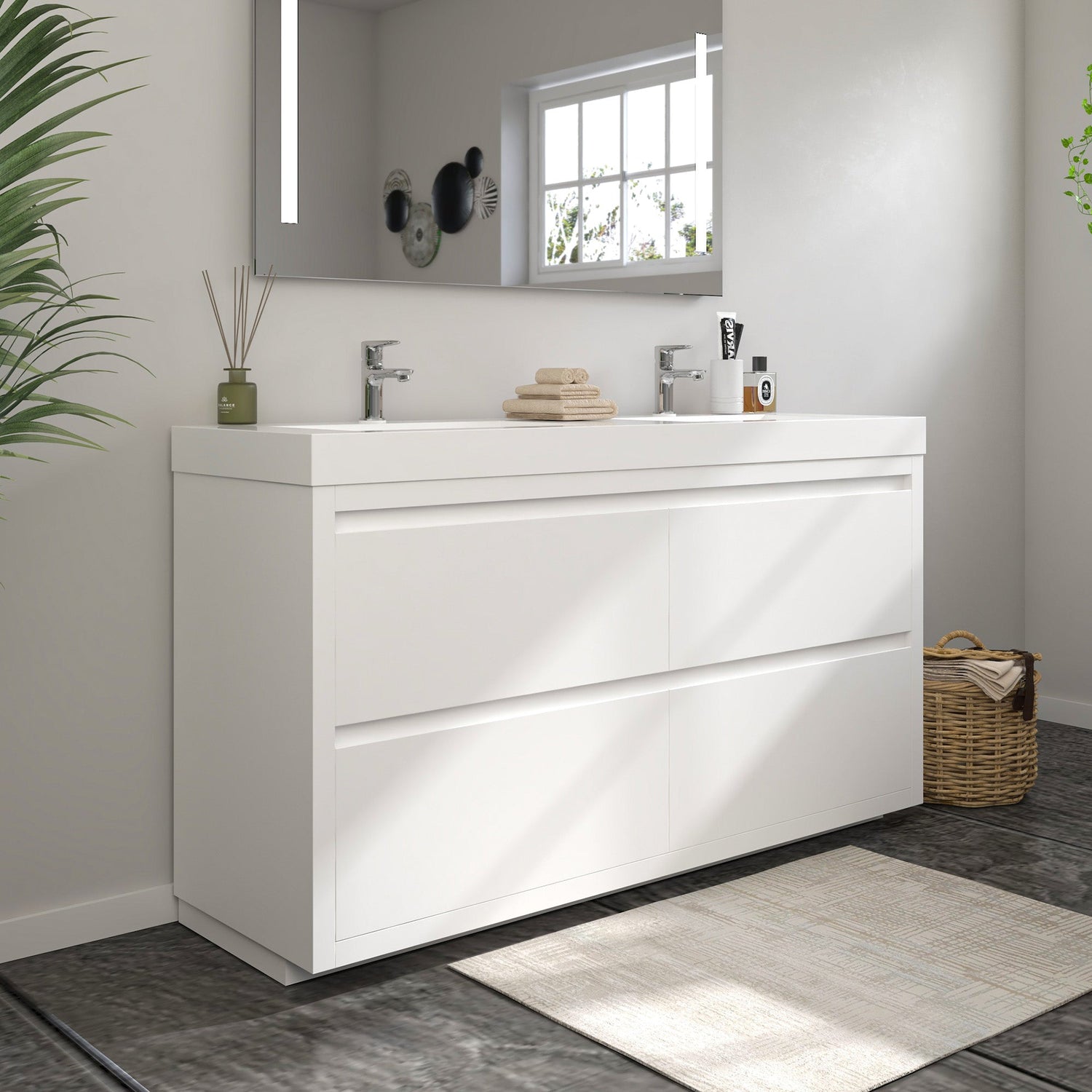 48" Double Sink Modern Freestanding Bathroom Vanity Set with White Engineered Stone Top – Storage Cabinet with Soft-Closing Drawers VA6048DWF - HomeBeyond