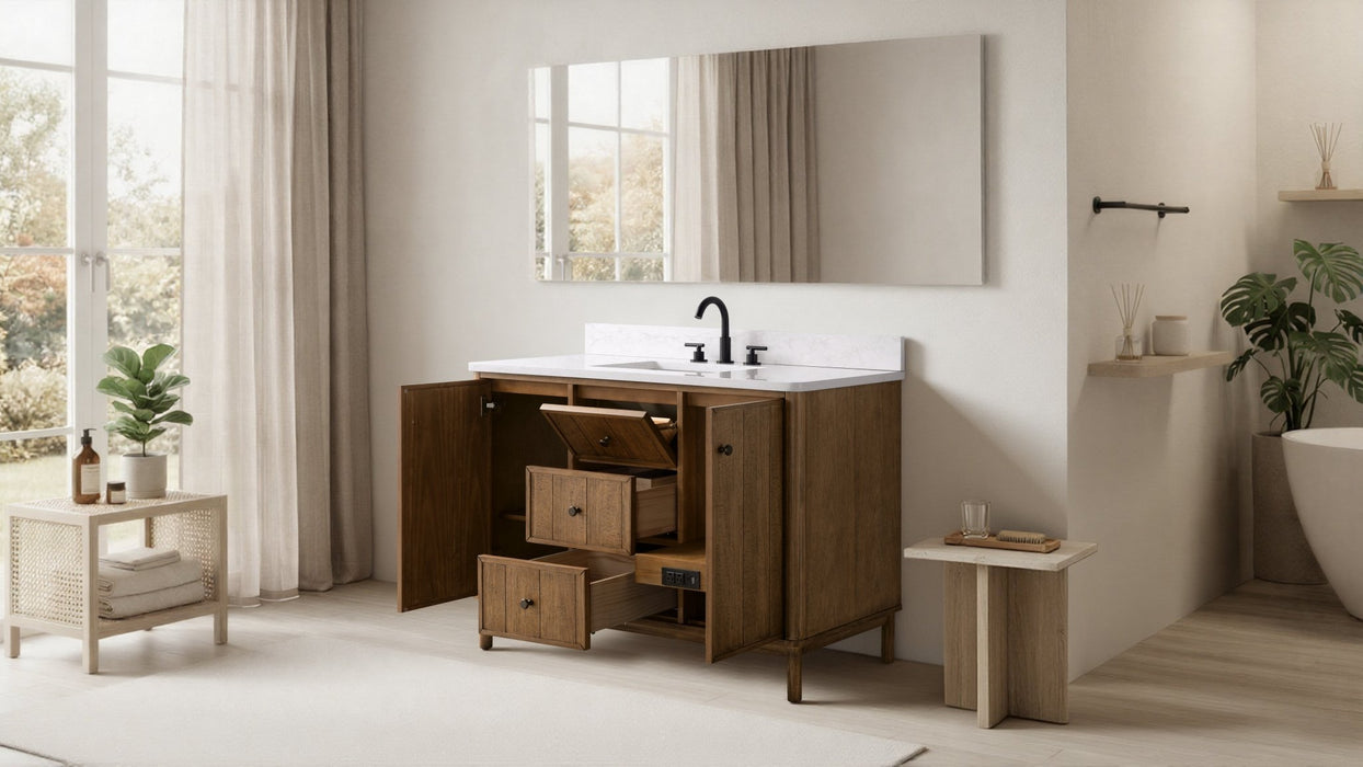 48" Freestanding Bathroom Vanity with Milano Mist Engineered Stone Countertop, Integrated Ceramic Sink, Hidden Power & USB Charging Station and Hair Dryer Storage - HomeBeyond