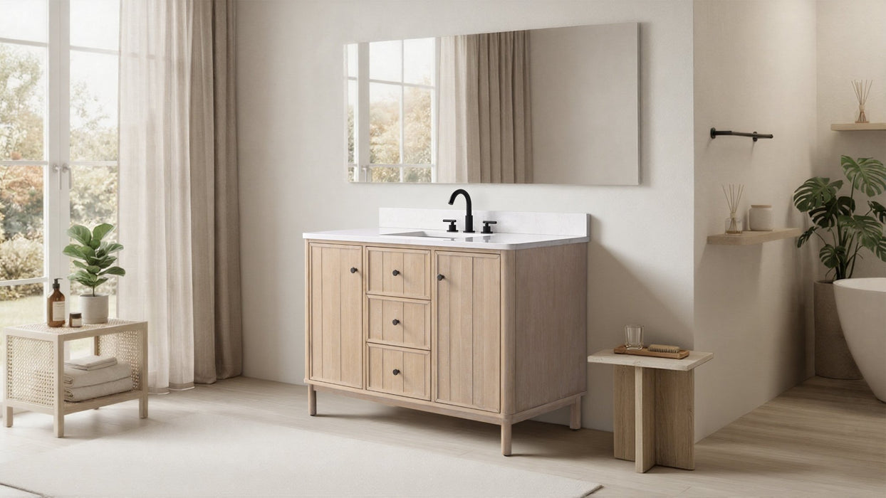 48" Freestanding Bathroom Vanity with Milano Mist Engineered Stone Countertop, Integrated Ceramic Sink, Hidden Power & USB Charging Station and Hair Dryer Storage - HomeBeyond