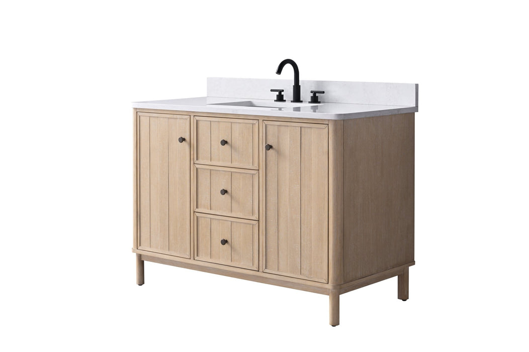48" Freestanding Bathroom Vanity with Milano Mist Engineered Stone Countertop, Integrated Ceramic Sink, Hidden Power & USB Charging Station and Hair Dryer Storage - HomeBeyond