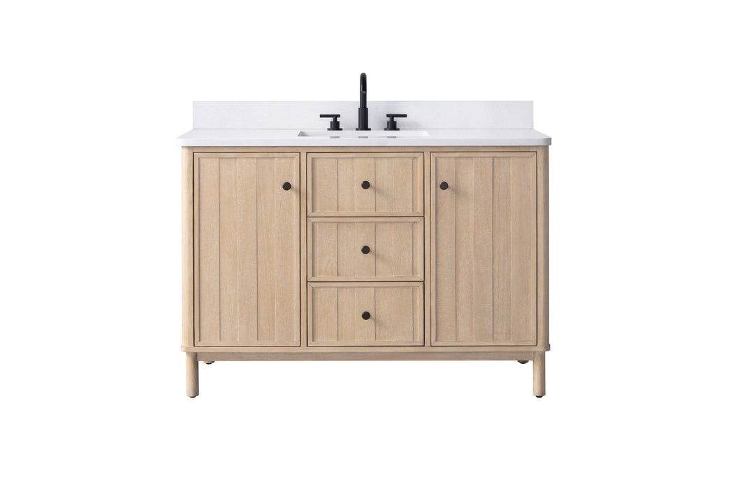 48" Freestanding Bathroom Vanity with Milano Mist Engineered Stone Countertop, Integrated Ceramic Sink, Hidden Power & USB Charging Station and Hair Dryer Storage - HomeBeyond