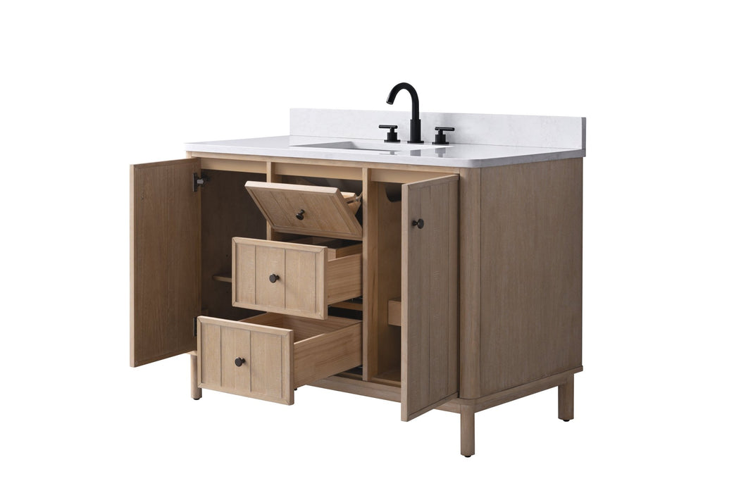 48" Freestanding Bathroom Vanity with Milano Mist Engineered Stone Countertop, Integrated Ceramic Sink, Hidden Power & USB Charging Station and Hair Dryer Storage - HomeBeyond