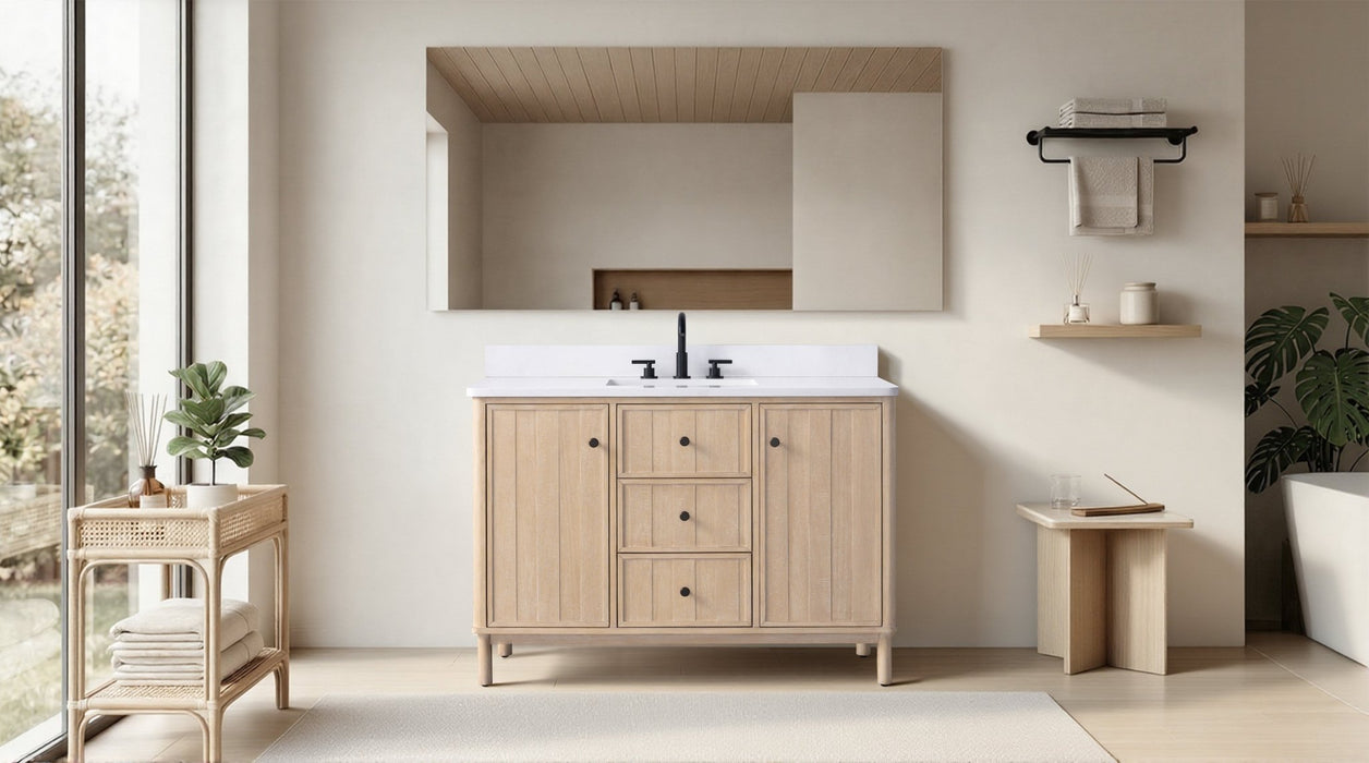 48" Freestanding Bathroom Vanity with Milano Mist Engineered Stone Countertop, Integrated Ceramic Sink, Hidden Power & USB Charging Station and Hair Dryer Storage - HomeBeyond