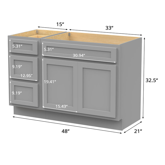 48" Modern Freestanding Oak Plywood Bathroom Vanity Base Only – Shaker Style Storage Cabinet with 3 Drawers & 2 Soft-Closing Doors VA4033-153 - HomeBeyond