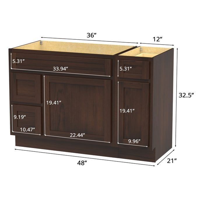 48" Modern Freestanding Oak Plywood Bathroom Vanity Base Only – Shaker Style Storage Cabinet with 3 Drawers & 2 Soft-Closing Doors VA40362L-121 - HomeBeyond