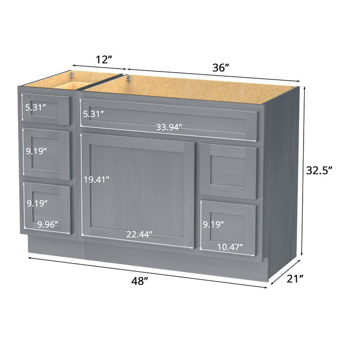 48" Modern Freestanding Oak Plywood Bathroom Vanity Base Only – Shaker Style Storage Cabinet with 5 Drawers & 1 Soft-Closing Door VA40123-362R - HomeBeyond
