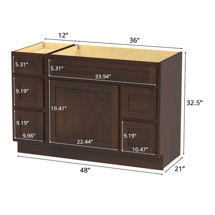 48" Modern Freestanding Oak Plywood Bathroom Vanity Base Only – Shaker Style Storage Cabinet with 5 Drawers & 1 Soft-Closing Door VA40123-362R - HomeBeyond