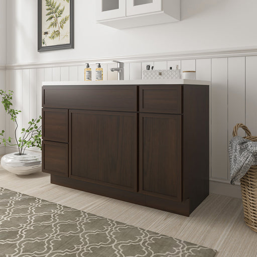 48 inch dark walnut brown bathroom vanity cabinet angled side view in modern bathroom setting