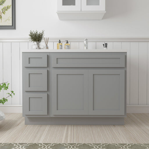 48 inch light gray painted bathroom vanity cabinet with 3 left drawers and 2 doors, front view