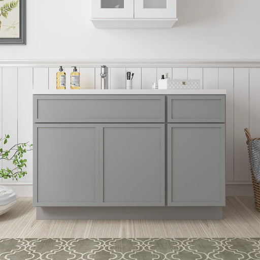 48-inch light gray bathroom vanity cabinet with white countertop sink, front view in bathroom