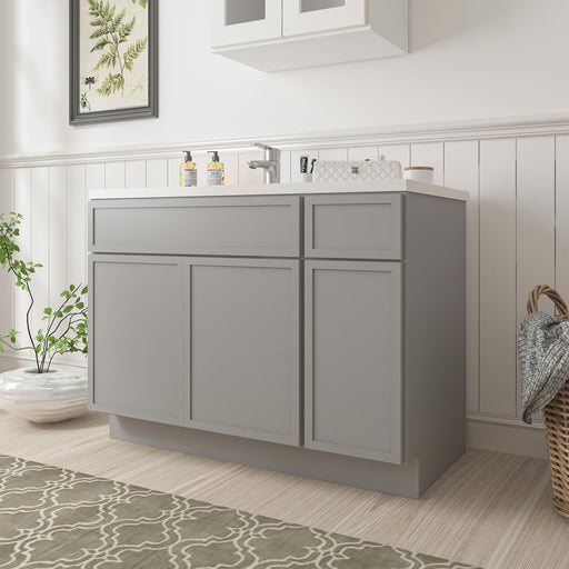 48-inch light gray bathroom vanity cabinet with 3 doors and 1 drawer, angled view in bathroom