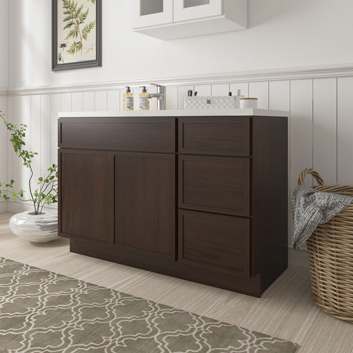 48 inch dark brown walnut bathroom vanity cabinet angled side view with right-side drawers in bathroom