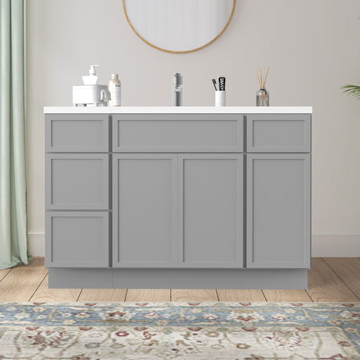 48-inch light gray bathroom vanity cabinet front view with white countertop and single sink in bathroom