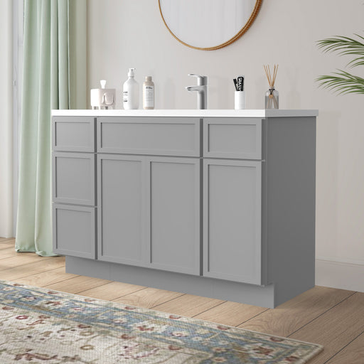 48-inch light gray bathroom vanity cabinet angled right view with white sink top in bright bathroom