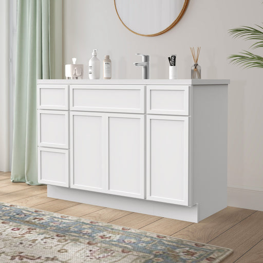 48-inch white bathroom vanity cabinet angled right-side view with white sink top in bright bathroom