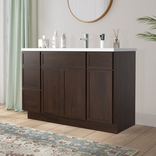 48-inch dark walnut brown bathroom vanity cabinet angled right-side view with white sink top
