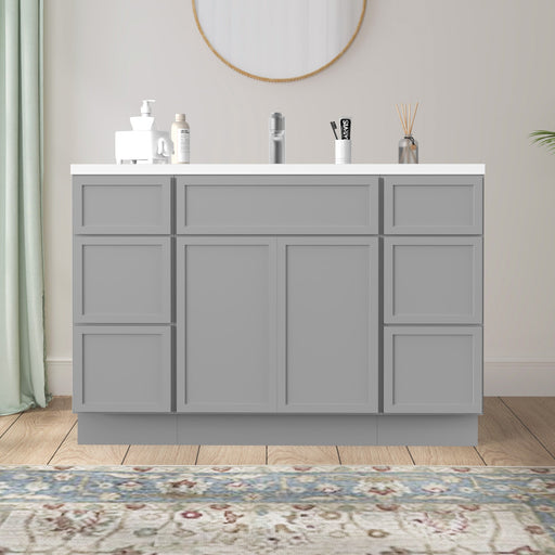 48 inch gray bathroom vanity cabinet front view with white countertop in light styled bathroom