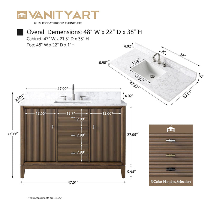 48" Single Sink Freestanding Bath Vanity Cabinet with White Engineered Marble Top - HomeBeyond