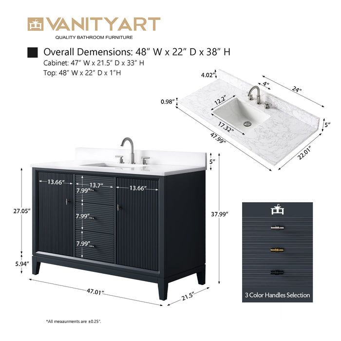 48" Single Sink Freestanding Bath Vanity Cabinet with White Engineered Marble Top - HomeBeyond