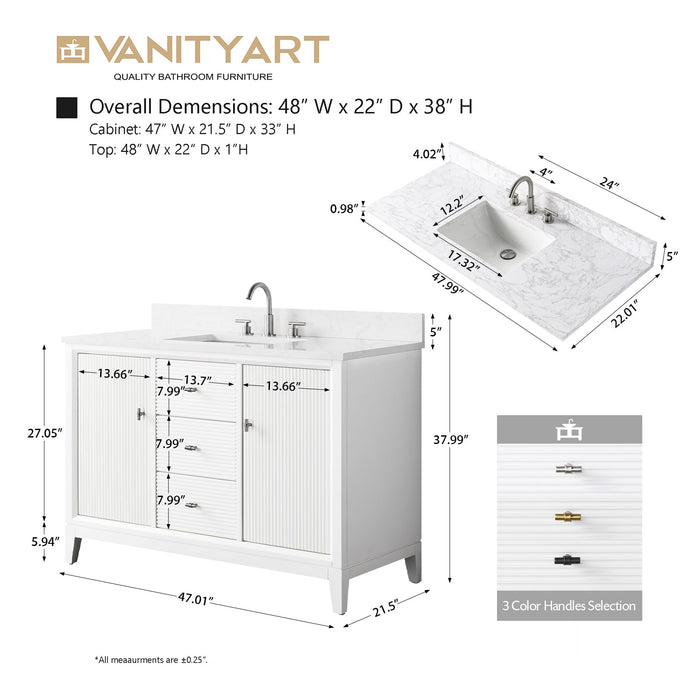 48" Single Sink Freestanding Bath Vanity Cabinet with White Engineered Marble Top - HomeBeyond