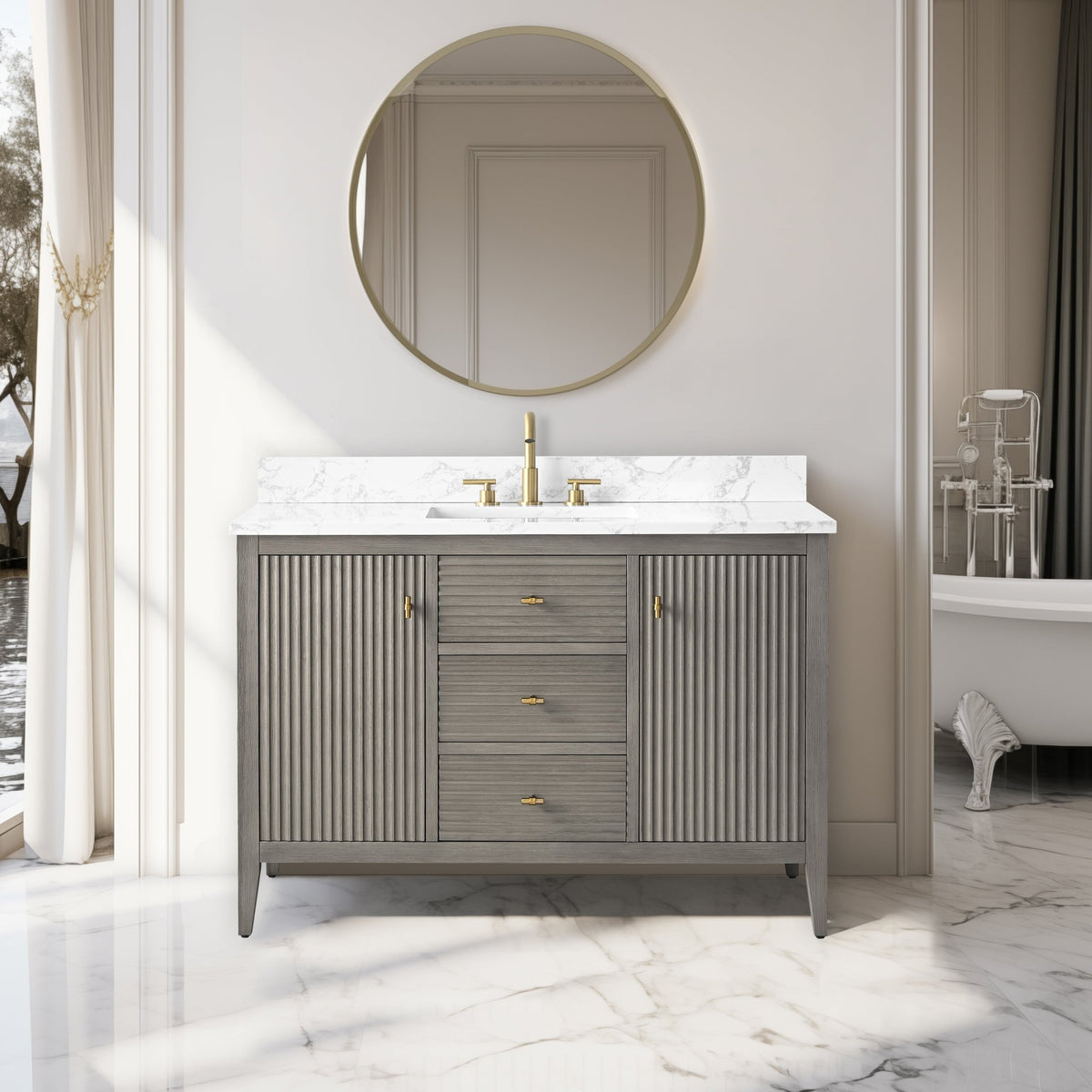 48" Single Sink Freestanding Bathroom Vanity with Engineered Marble To — HomeBeyond