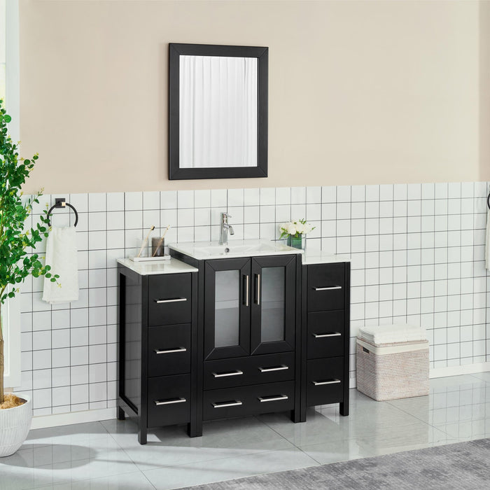 48" Single Sink Modern Bathroom Vanity Set with Ceramic Top & Free Mirror – Storage Cabinet with 2 Side Cabinets VA3024-48 - HomeBeyond