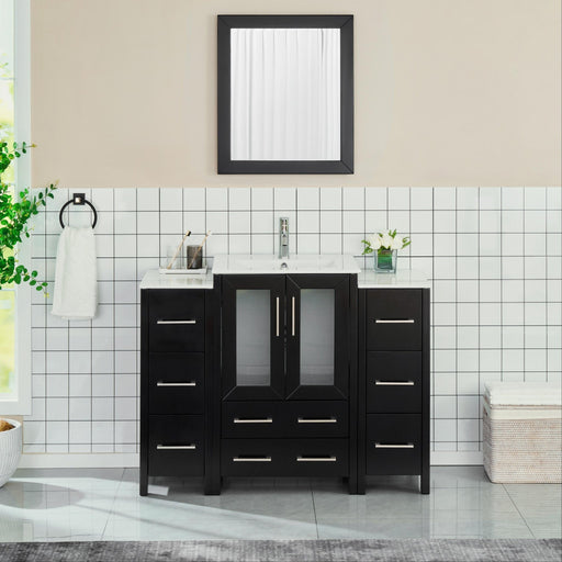 48" Single Sink Modern Bathroom Vanity Set with Ceramic Top & Free Mirror – Storage Cabinet with 2 Side Cabinets VA3024-48 - HomeBeyond