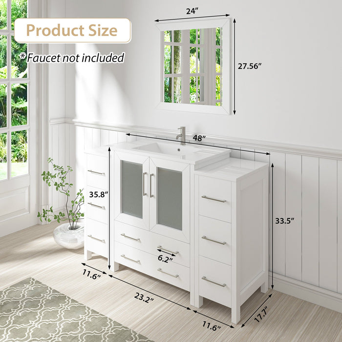 48" Single Sink Modern Bathroom Vanity Set with Ceramic Top & Free Mirror – Storage Cabinet with 2 Side Cabinets VA3024-48 - HomeBeyond