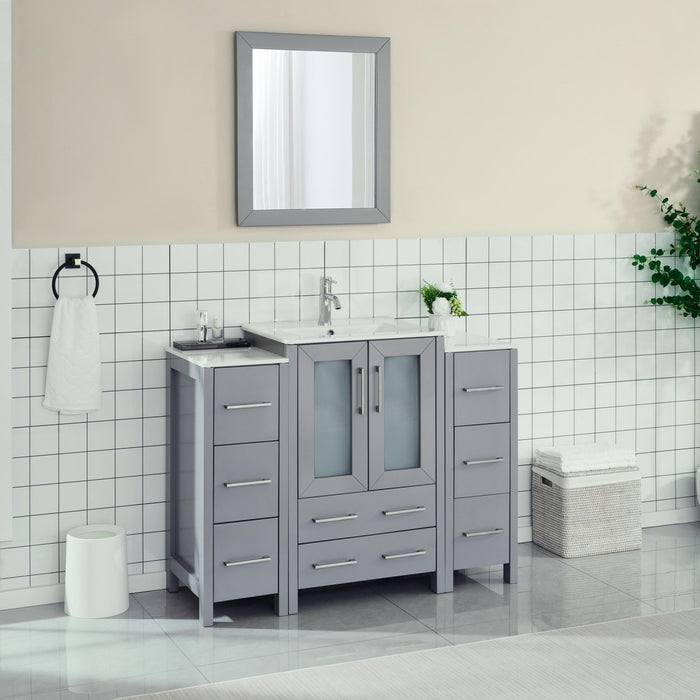 48" Single Sink Modern Bathroom Vanity Set with Ceramic Top & Free Mirror – Storage Cabinet with 2 Side Cabinets VA3024-48 - HomeBeyond
