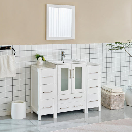 48" Single Sink Modern Bathroom Vanity Set with Ceramic Top & Free Mirror – Storage Cabinet with 2 Side Cabinets VA3024-48 - HomeBeyond